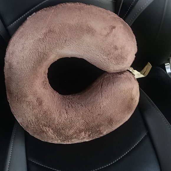 Large Travel Pillow with ties. In Brown Teddy Bear. Memory Foam. - Picture 5 of 7